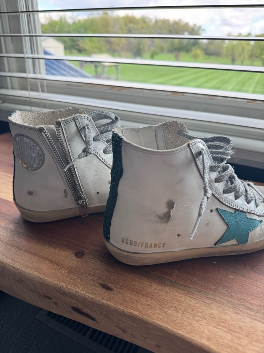 Golden Goose Francy Off-White High-Top Sneakers with Teal & Green Embellishment - Picture 6 of 6
